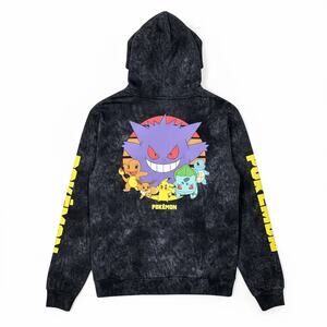 Pokemon Gengar & Friends Men's Small Black Acid Wash Hoodie Graphic Sweatshirt